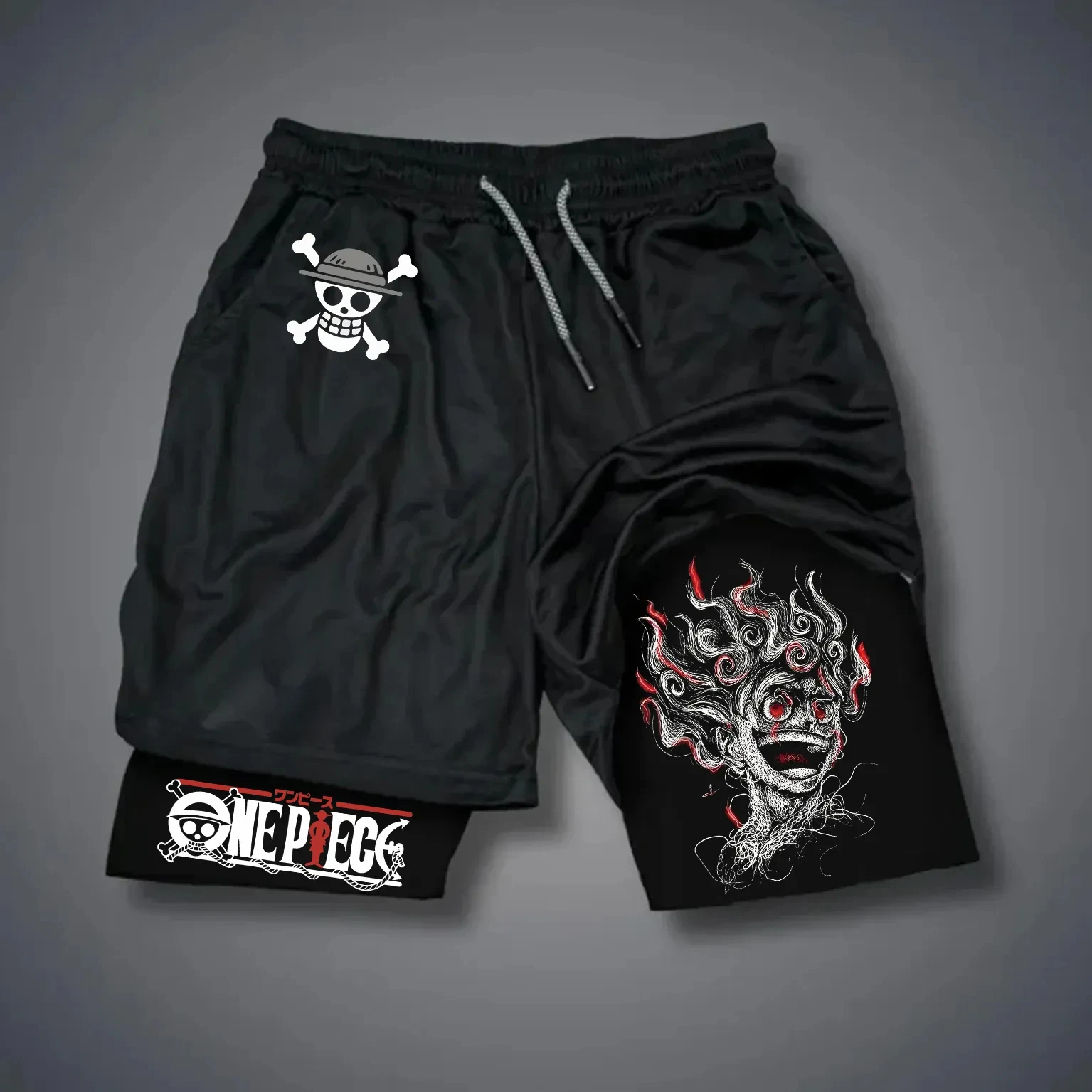 Uma peça anime luffy sauron periférico impresso shorts duplos masculino 2025 verão americano solto esportes calças respiráveis