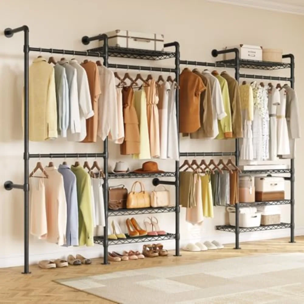 L4 Wall Mounted Industrial Pipe Clothing Rack, Closet Organizer System with 6 Hanging Clothes Rods ( 4 Expandable Rods)