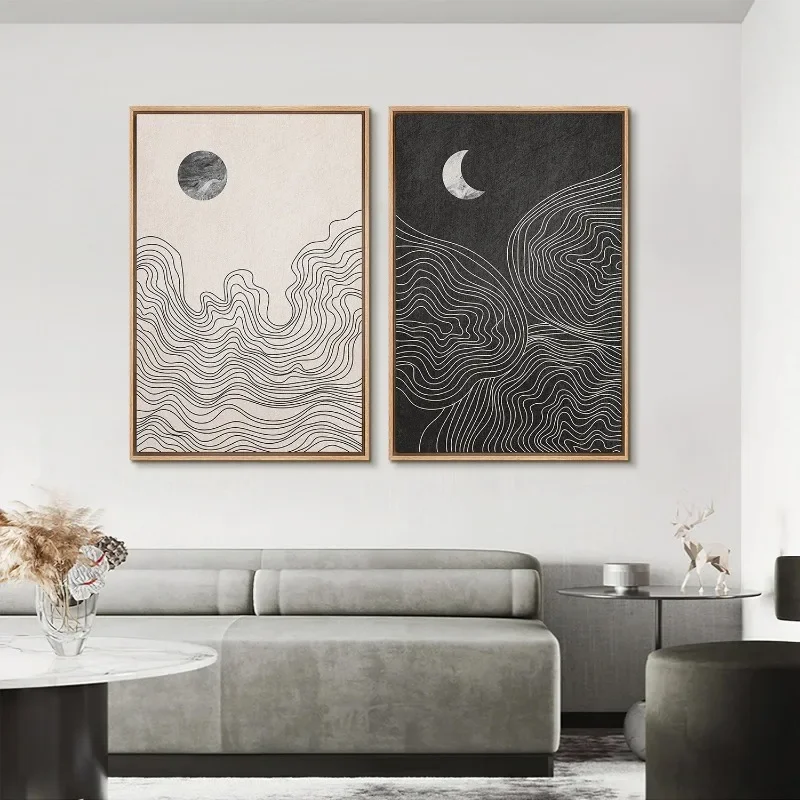 

Neutral Boho Black White Sun Moon Abstract Poster Print Canvas Painting Modern Minimalist Wall Art Picture for Living Room Decor
