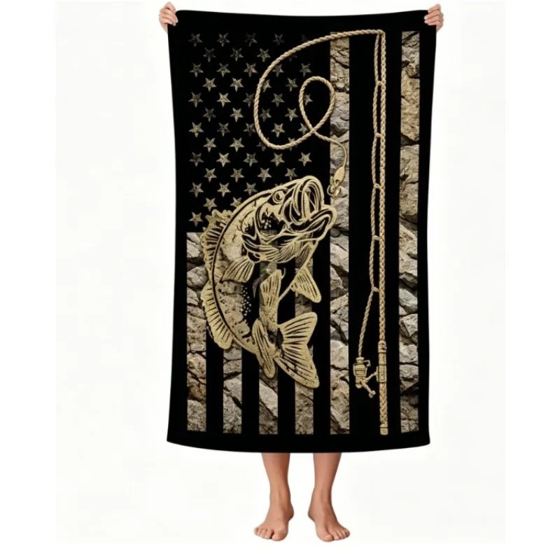 Oversized Microfiber Beach Towel, Fishing Bass American Flag Print, Quick Dry Sand Resistant