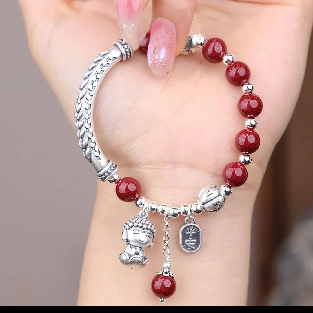 

Mencheese New Pure Silver Bracelet Cinnabar Blessing Safe Baby Buddha All-Match Ethnic Barley Elbow Lucky Silver Jewelry Gift