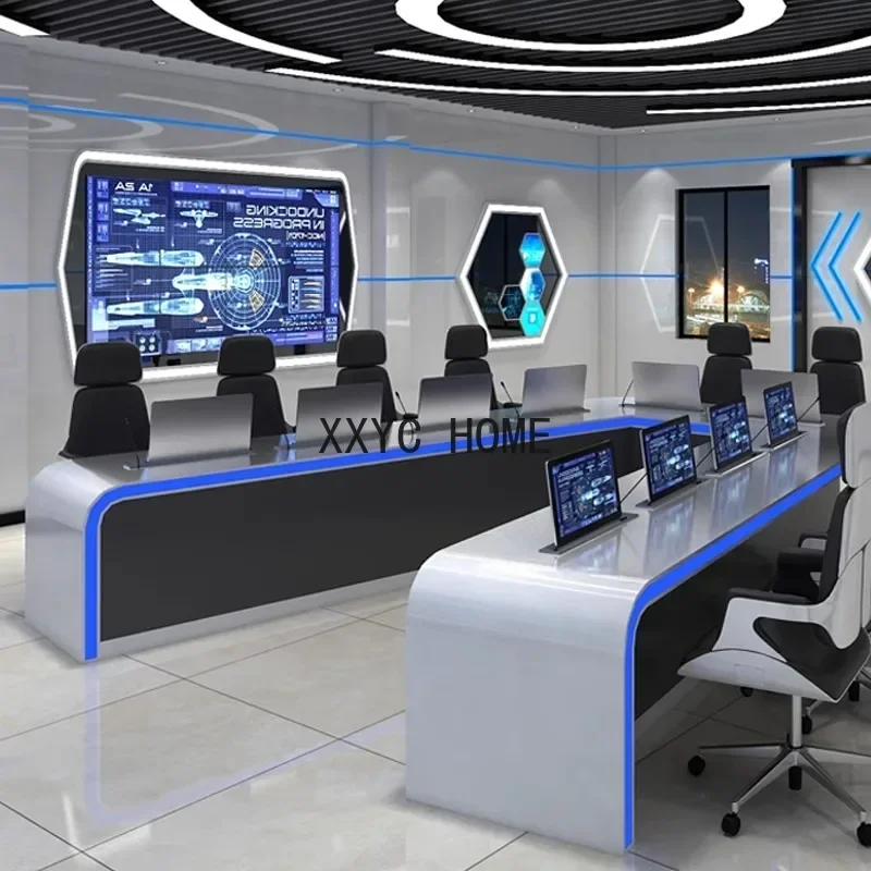 Multimedia Technology Sensor Table and Chair Multi-Joint Workbench V-Shaped Monitoring Center Command Station