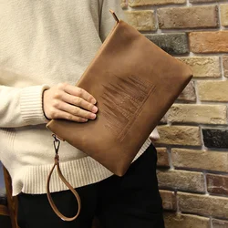 Xiao.P Vintage Crazy Horse pu Leather Men Envelope Clutch Bags Business Men Clutch Bags Large Capacity IPAD Bag Brown