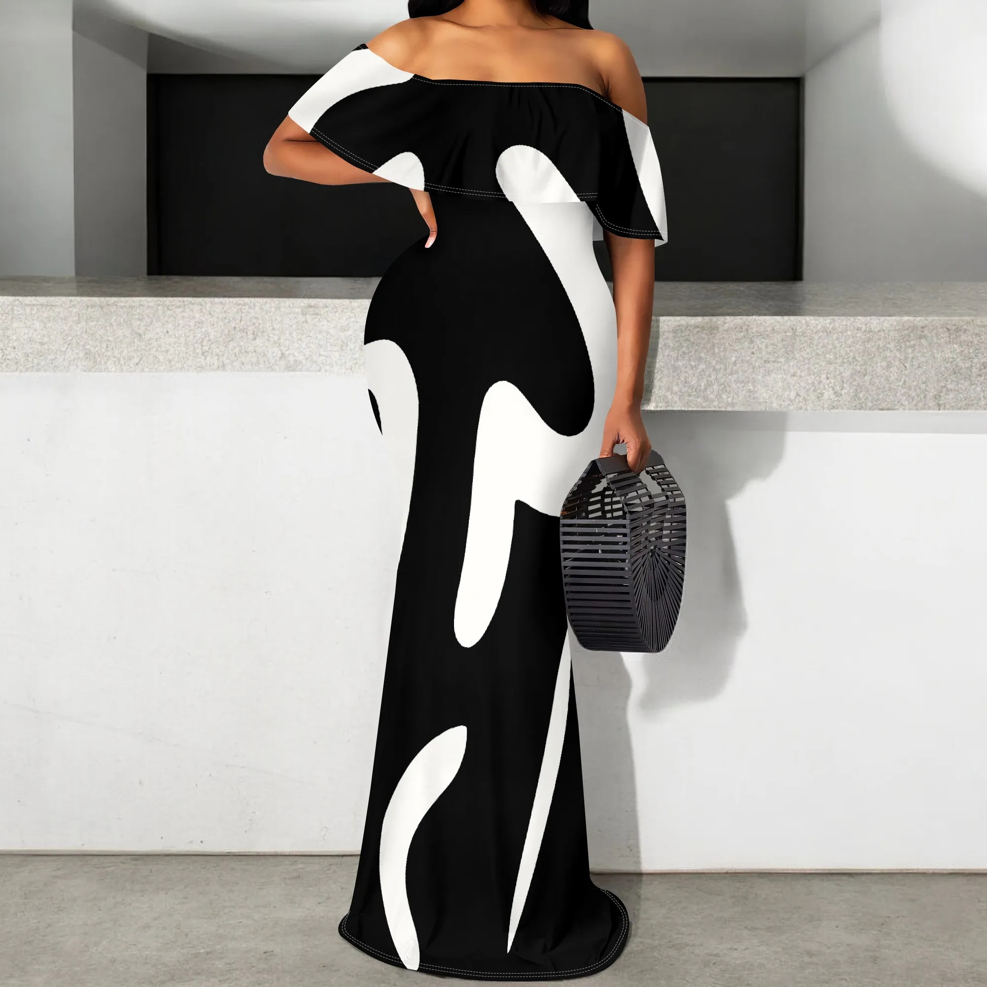 

Women's Off Shoulder Maxi Dress S-3XL Black White Abstract Swirl Print Summer Party Elegant Bodycon Gown