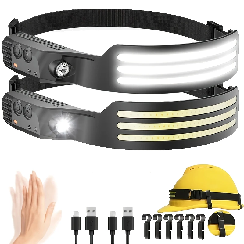 Linterna frontal LED COB recargable USB 1200mAh – Ideal para camping y pesca