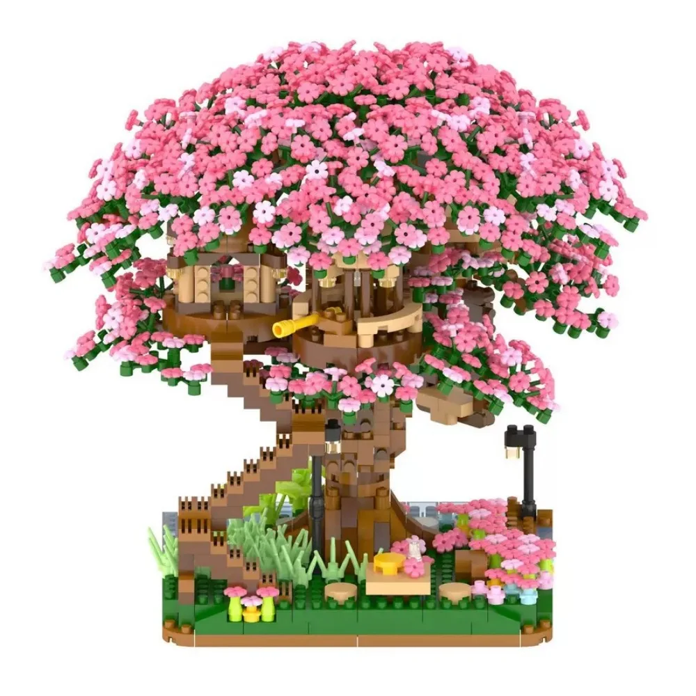 Mini Building Blocks Toy DIY Cherry Blossom Train Station Tree House Architecture Bricks for Kids Gift