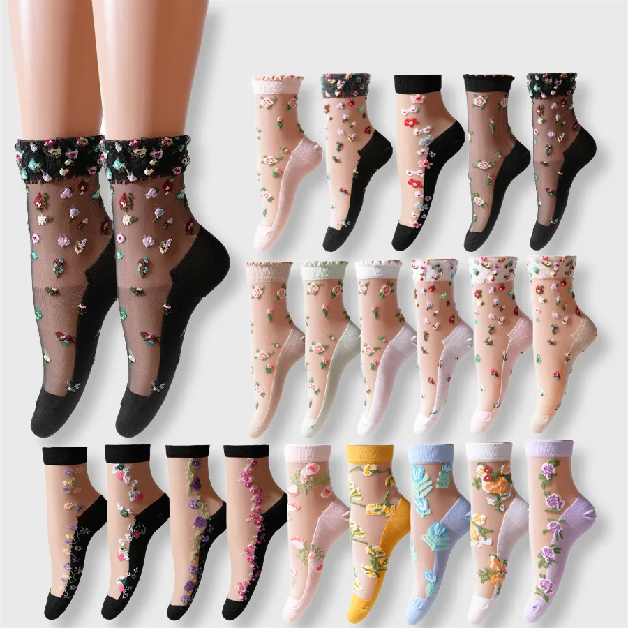 

10 pairs of women's transparent socks, summer pleated thin cool socks, transparent silk satin lace ankle cute socks, mid tube so