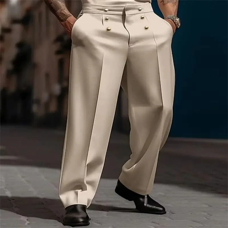 Spring Vintage Men Casual Suit Pants Autumn Fashion Solid Color Straight Trousers Men Multiple Buttons Loose Casual Pants