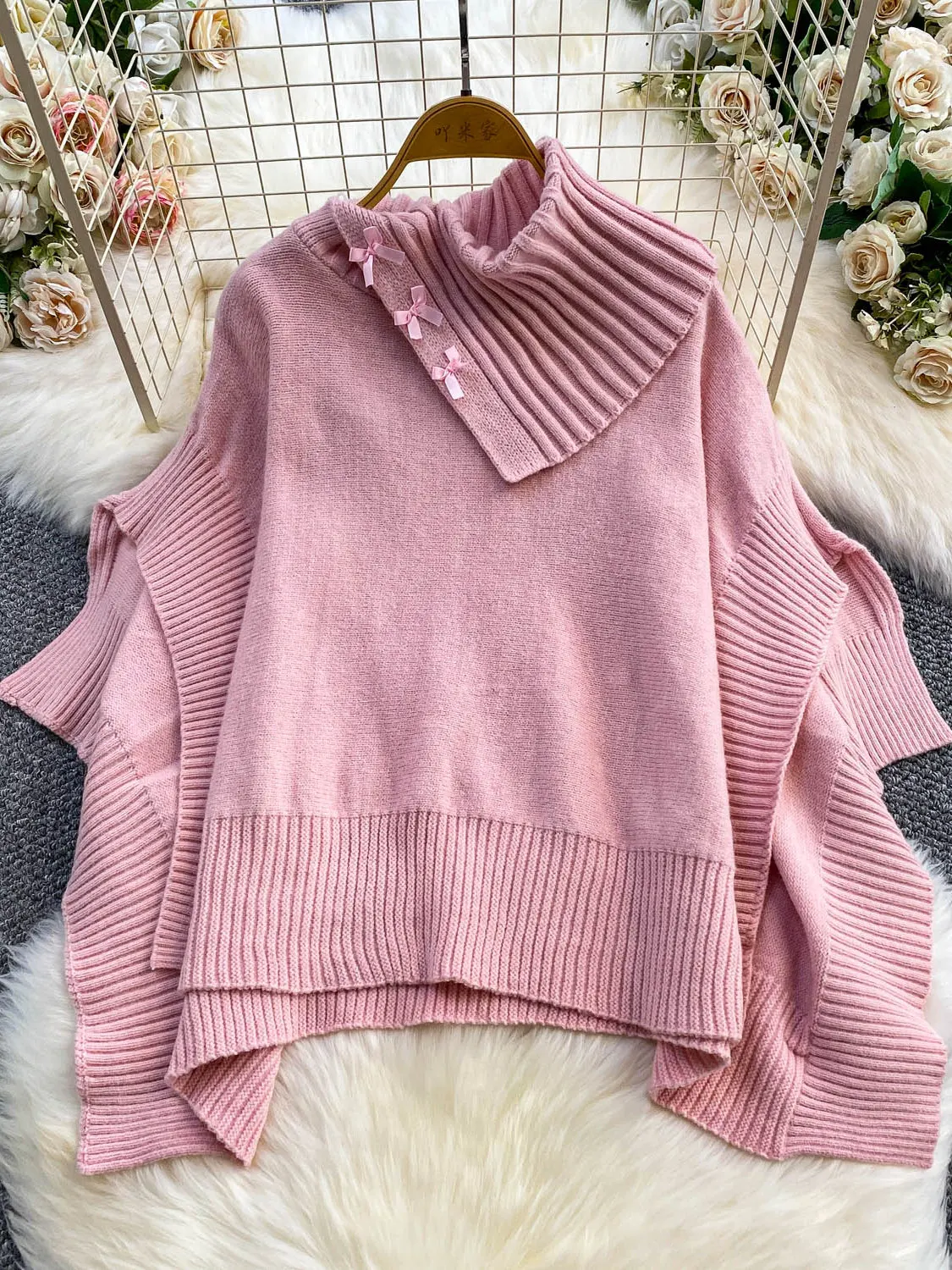 

Korobov Sweet Winter Mock Neck Long Sleeve Solid Loose All Match Bow Knitted Pullovers