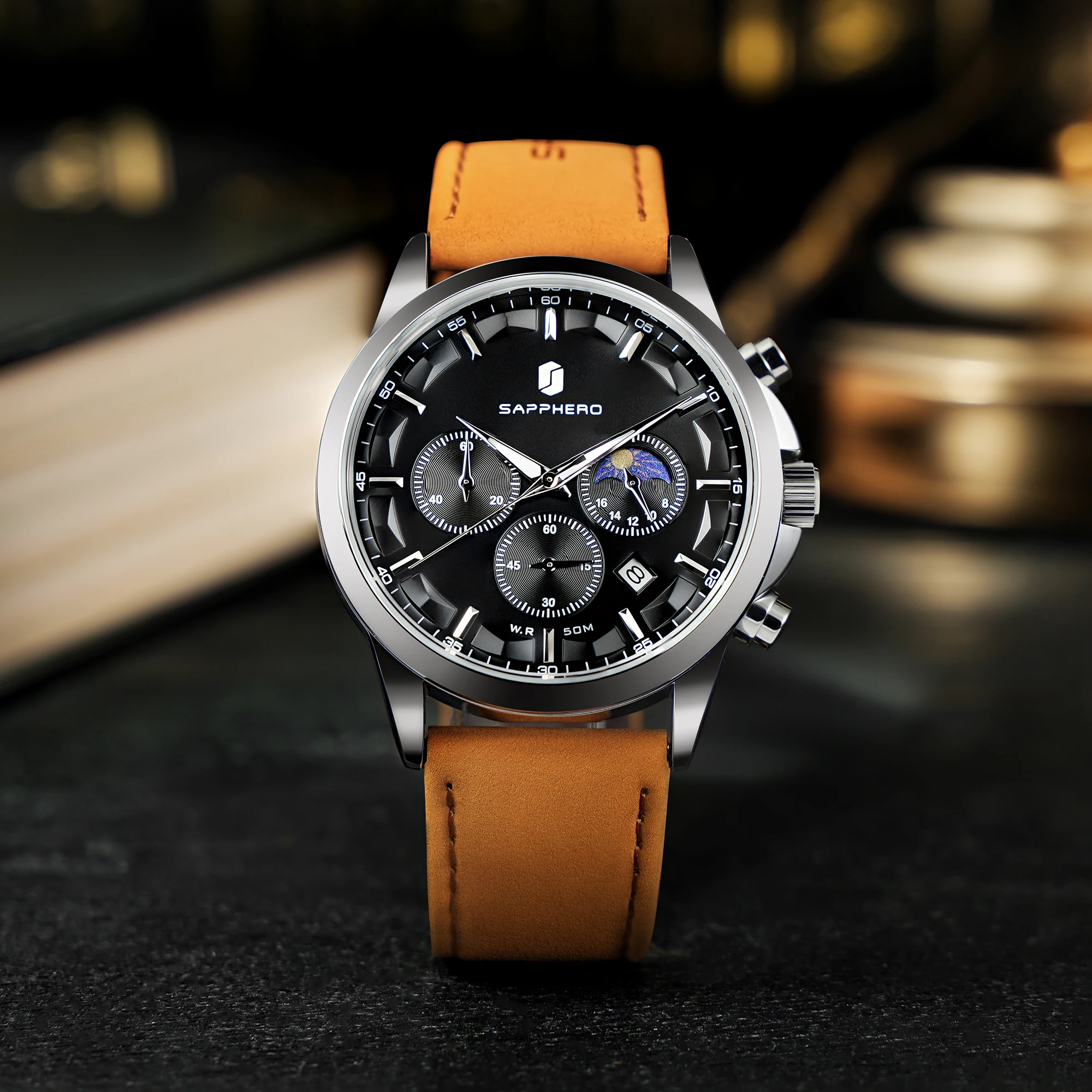 SAPPHERO Herren Chronograph Quarzuhr, 5ATM Wasserdicht, Hardlex Kristall, Lederarmband, Modische Sportuhr, Perfektes Geschenk für Männer – Detail 11
