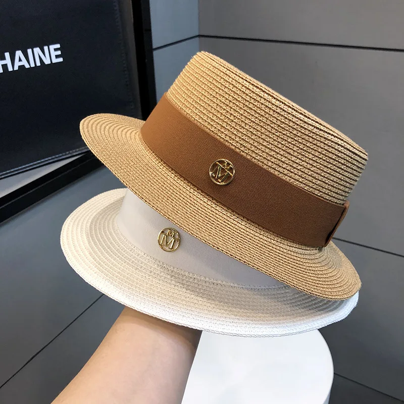 Women French Flat Top Straw Hat Elegant Ladies Sun Hat Beach Vacation Anti-UV Shading Summer Fashion Headwear 2