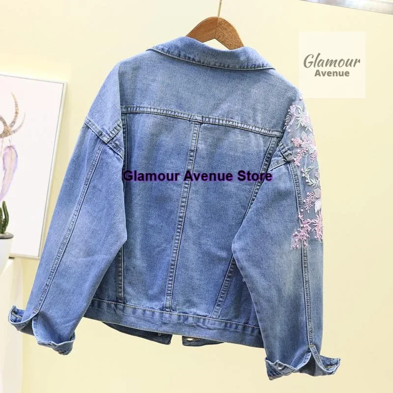 Korean version of heavy industry hole denim jacket women's spring new embroidered three-dimensional flower loose jacket top