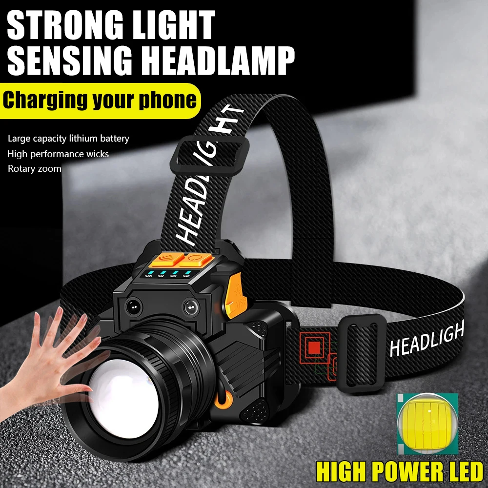 USB Rechargeable T6 LED Induction Headlamp High Power Head Flashlight With Built-in Battery Outdoor Camping Fishing Lantern