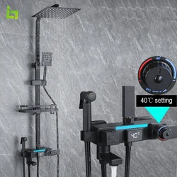 LED Temperature display Shower Faucet  Stainless Steel Thermostatic Bathtub Tap With Spray Bidet  and Bathroom Shelf