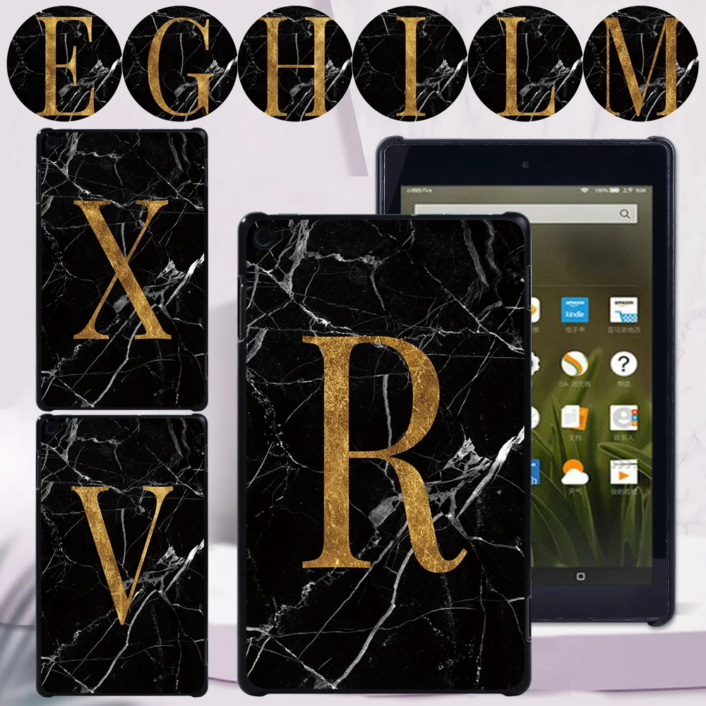 

For Amazon Fire HD 8/Plus 10th Gen 2020/Fire 7 5th/7th/9th/Fire HD8/Fire HD10 Black Marble Letter Tablet Back Shell+Stylus