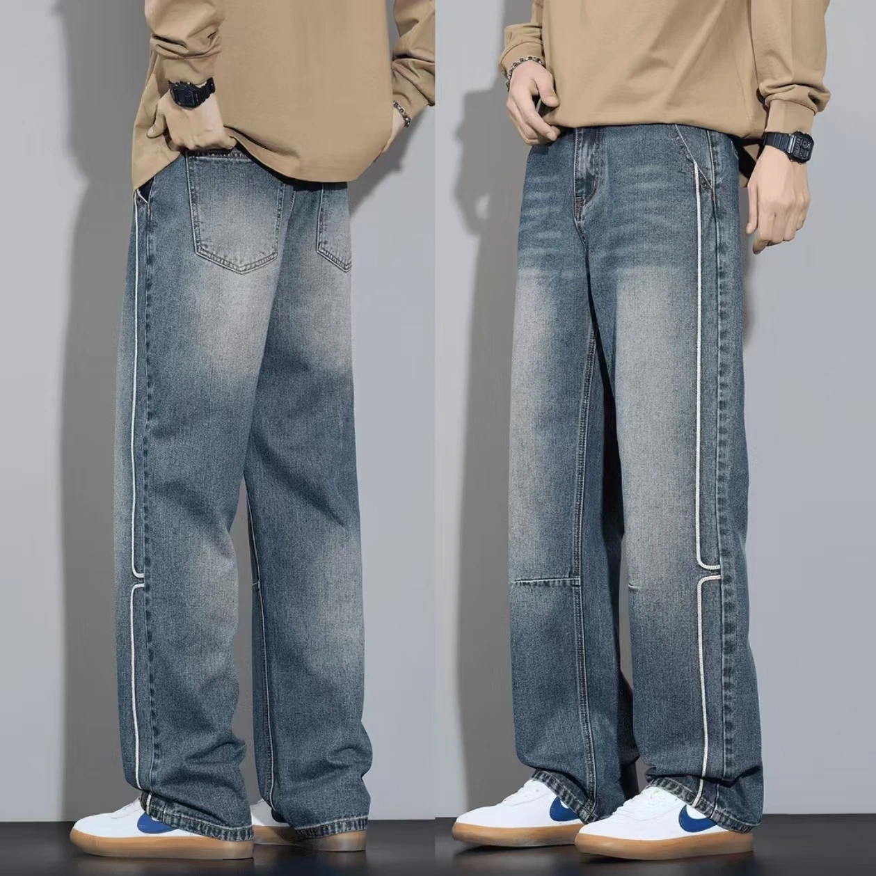 

High-End Men's Straight Leg Jeans Loose Fit mid Waist Cotton Casual Trousers Autumn Winter New Sle Faion Urban Wear