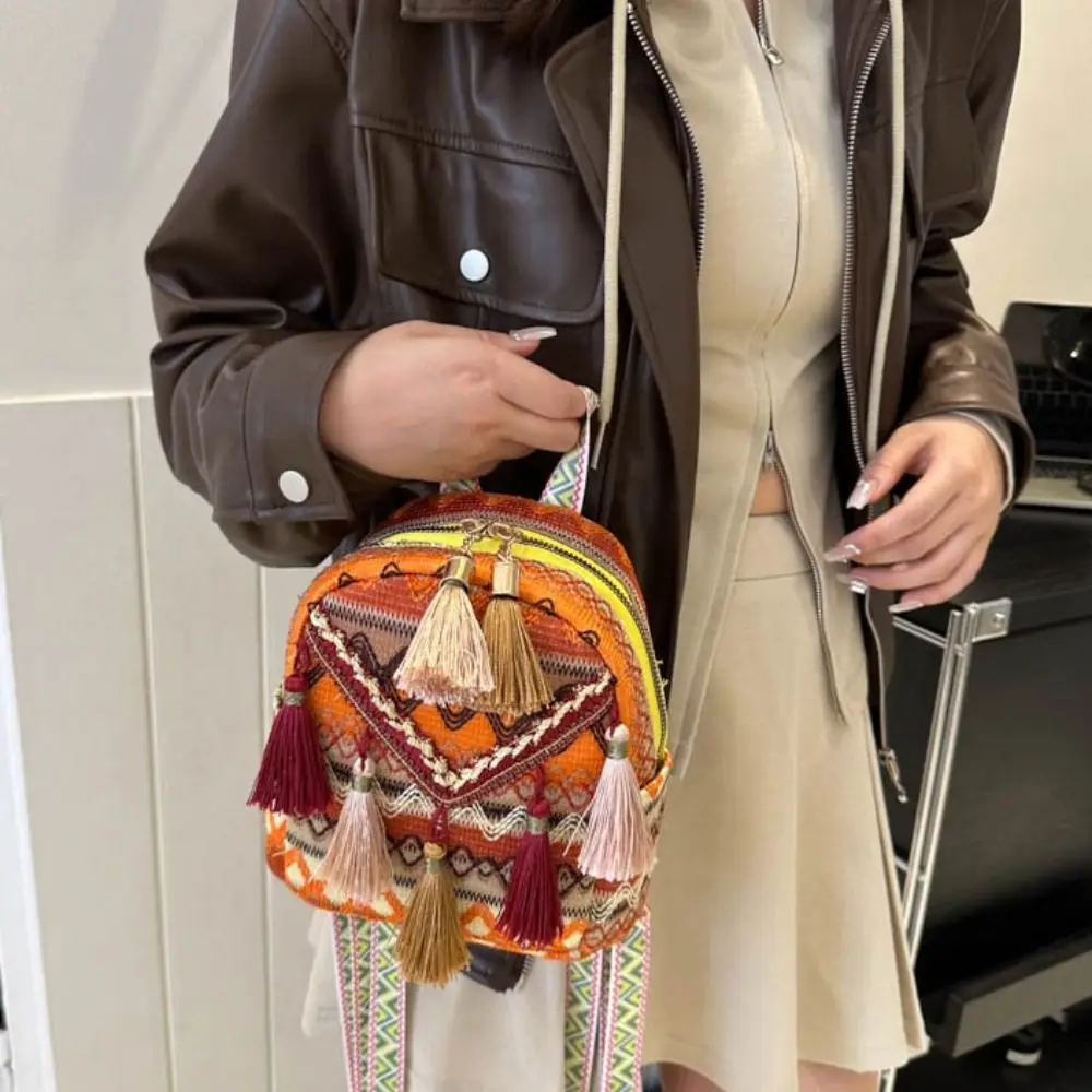 

Embroidery Ethnic Style Tassel Backpack Small School Bag Large Capacity Canvas Tassel Shoulder Bag Korean Style Storage Bag