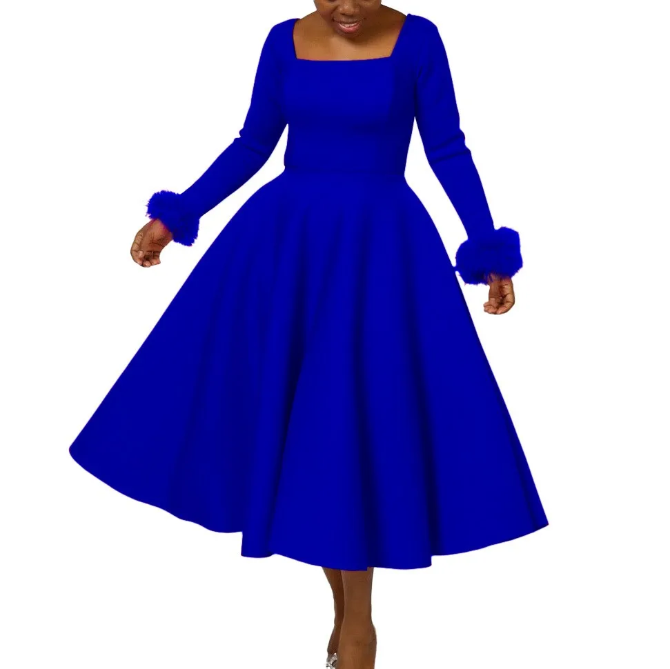 High Waist Crew Neck Gown Pleated Elegant Style with Side Zipper Sewn Seam Fitted Silhouette Mid Length Women Pleated Dress