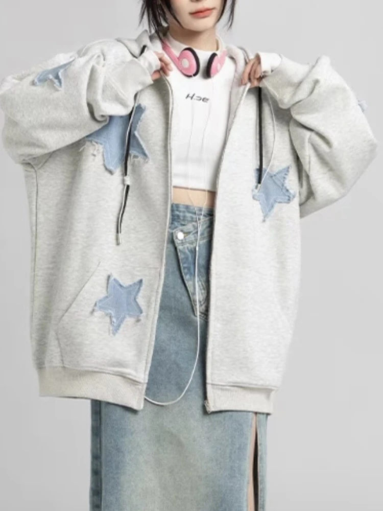 

Y2K Hoodies Women Oversize Star Print Hooded Coat Ladies Vintage Hip Hop Zipper Hoodie Female Casual Loose Harajuku Outerwear