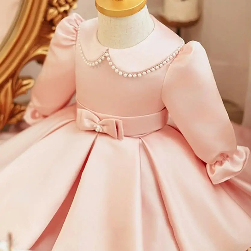 2024 New Children\'s Princess Ball Gown Bow Pearls Long Sleeve Design Kids Wedding Birthday Baptism Party Dresses For Eid  A3640