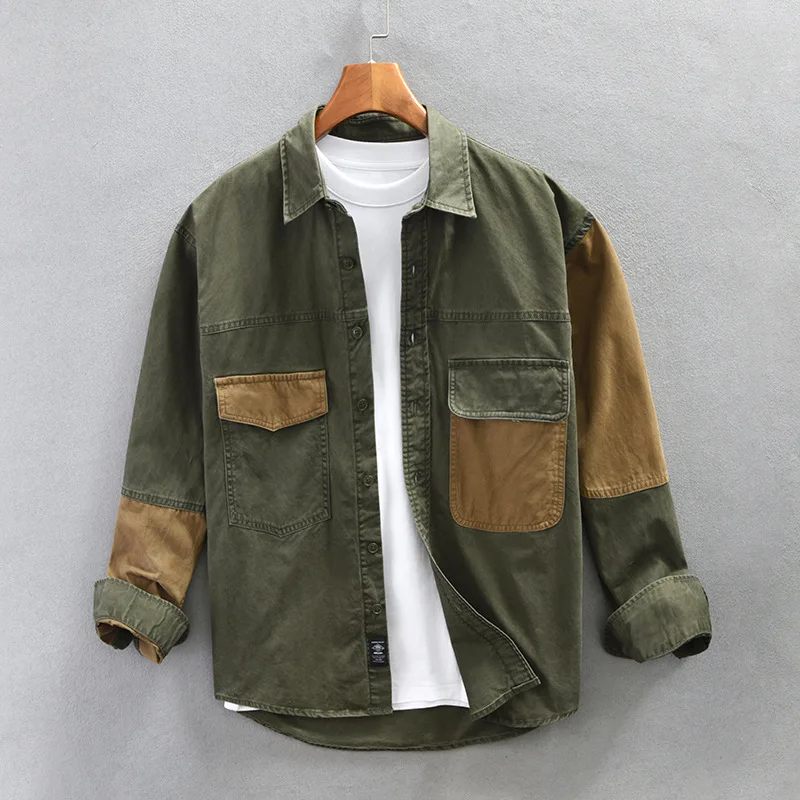 Wiosenna nowa koszulka patchworkowy w stylu Casual męska duże kieszenie 100% bawełna cztery pory roku odzież męska Oversize AZ781