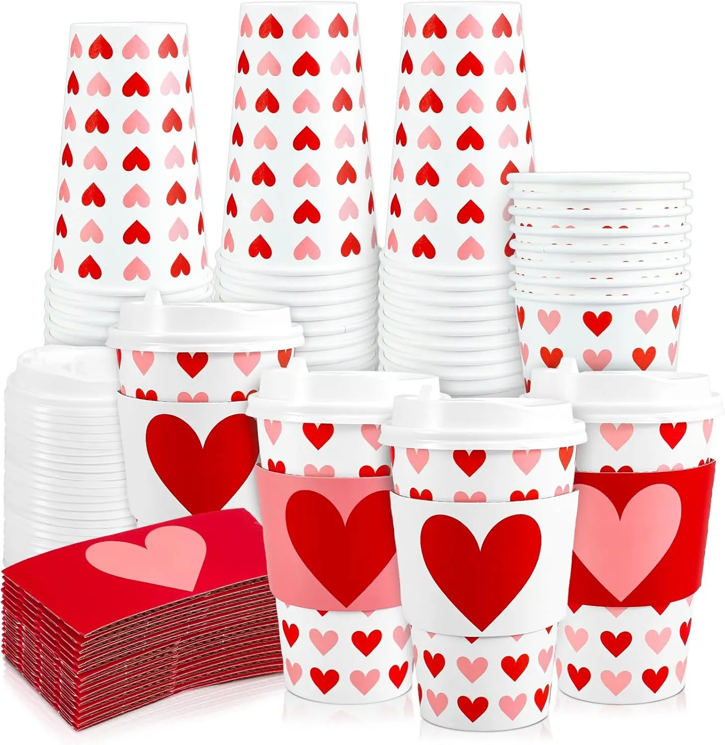

48 Sets Valentine's Day Disposable Coffee Cups with Lids and Sleeves Red Pink Heart Paper Drinking Cups for Valentine Re