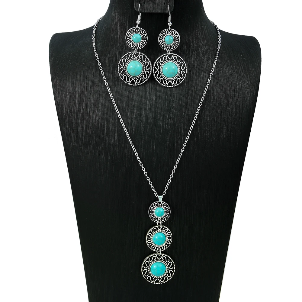 Boho Ethnic Style Jewelry Set Inaly Turquoise Statement Geometric Round Dangle Earrings Ancient Silver Daily Wear Party Decors