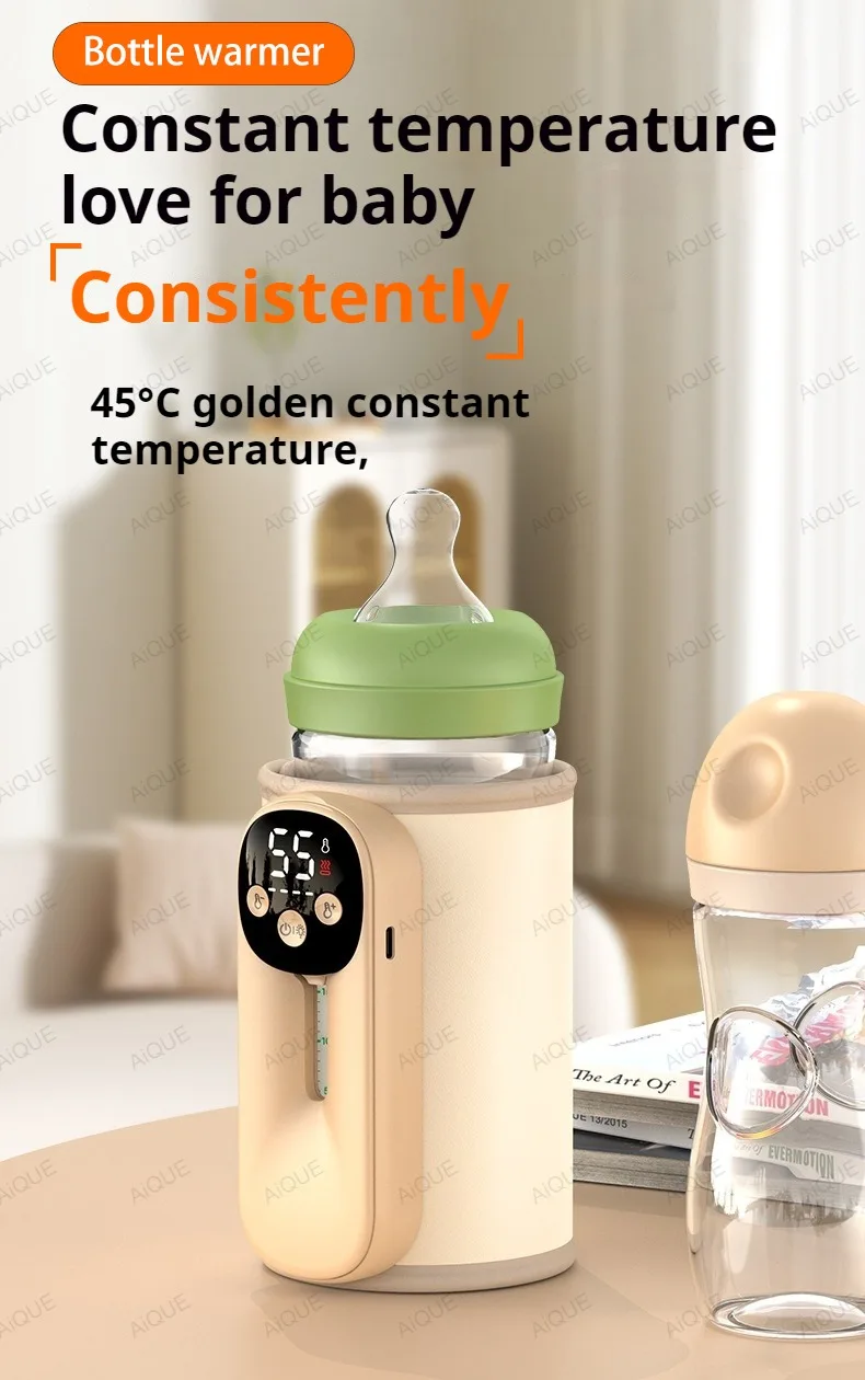 AiQUE 10400mAh Cordless Baby Bottle Warmer Smart Temperature Control USB Fast Charging Outdoor Travel Milk Warmer for Feeding