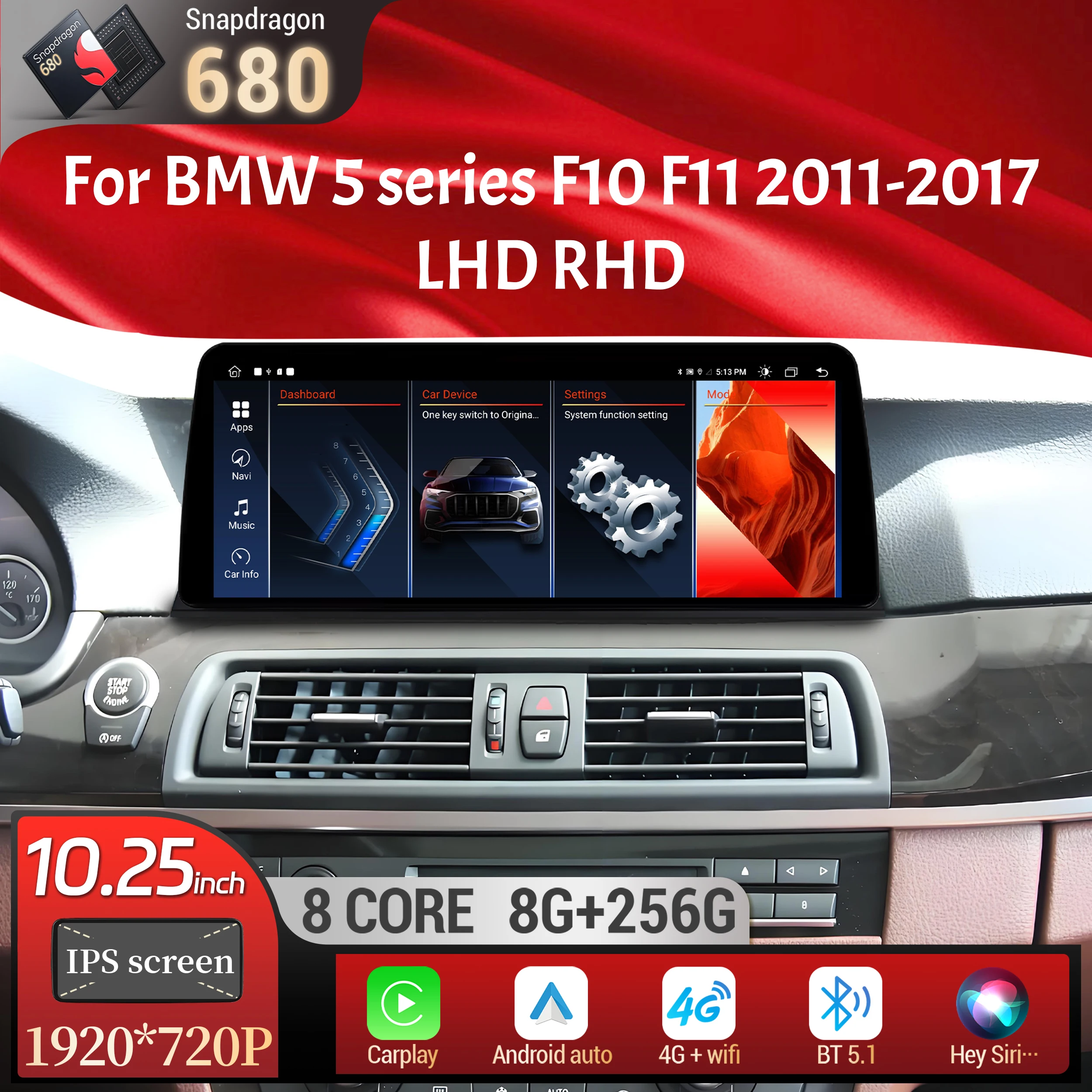 10.25 inch Android 13 Car Radio For BMW 5 series F10 F11 2011-2017 Wireless Bluetooth Carplay Snapdragon 680 Head Unit Screen