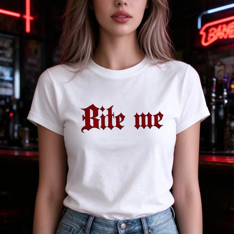 Bite me Print T-Shirt Women 100% Cotton Short Sleeve Tee Gothic Letter Casual Rock Punk Top Y2K Aesthetic Kawaii