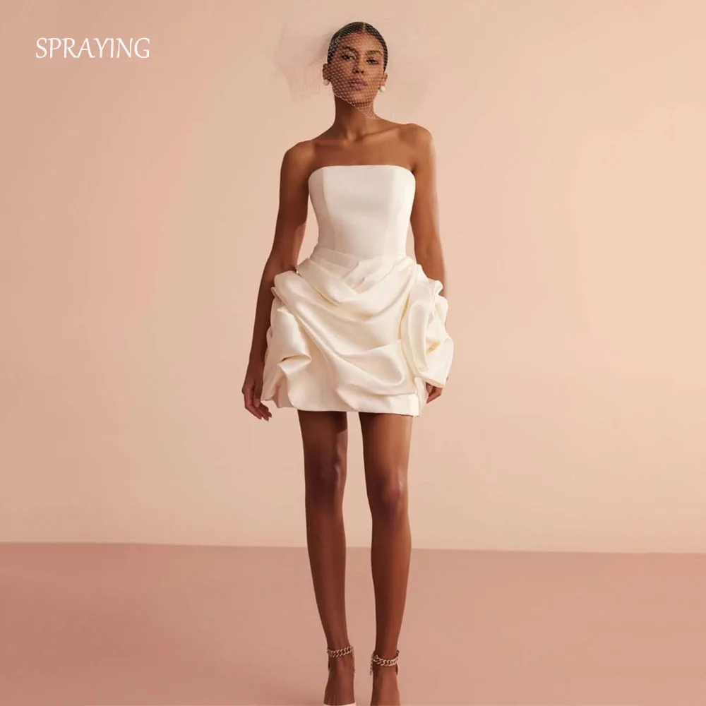 

SPRAYING Mini Satin Ivory Wedding Dress Strapless Sleeveless Bridal Gown A line Short Above the knee Engagement Party Customized