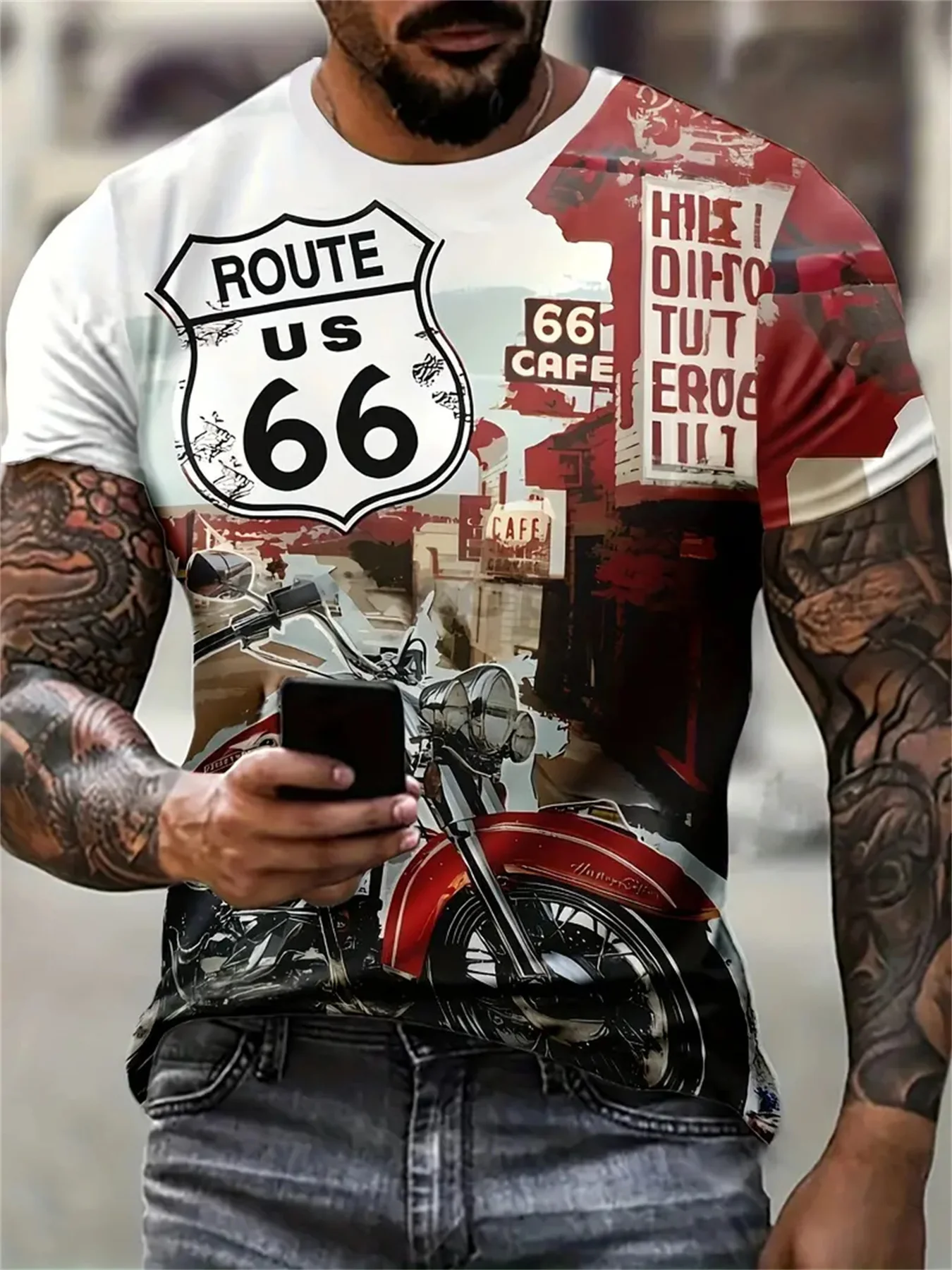 

Men's Retro Route 66 Motorcycle Graphic T-Shirt American Style Road Sign And Motorcycle Design Men's Fashion Tee Top