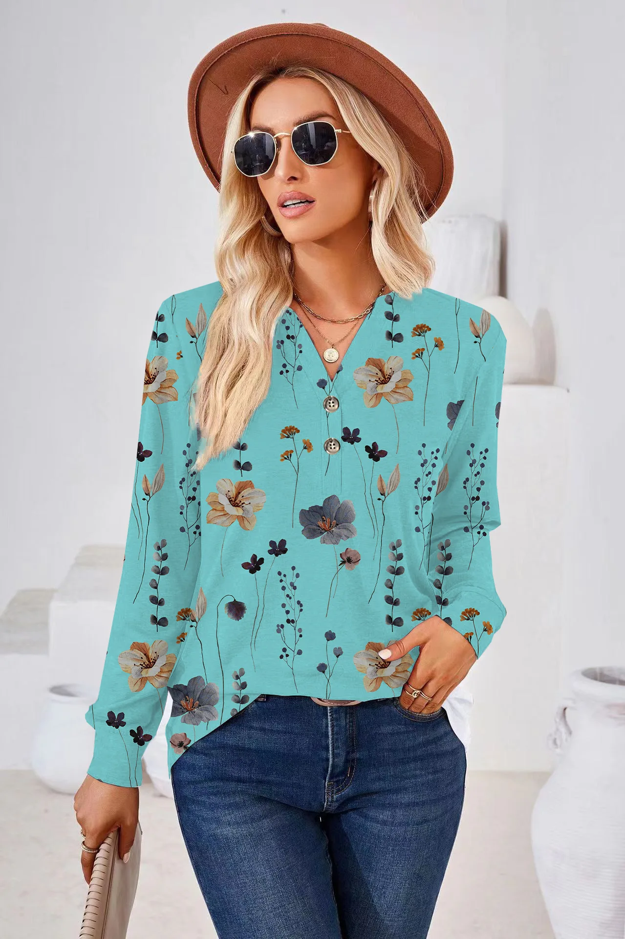 

Women's Shirt Floral Blouse Button Floral Print Length Sleeve Casual Holiday Basic V-Neck Pleated Floral Shirt 2023 Streetwear