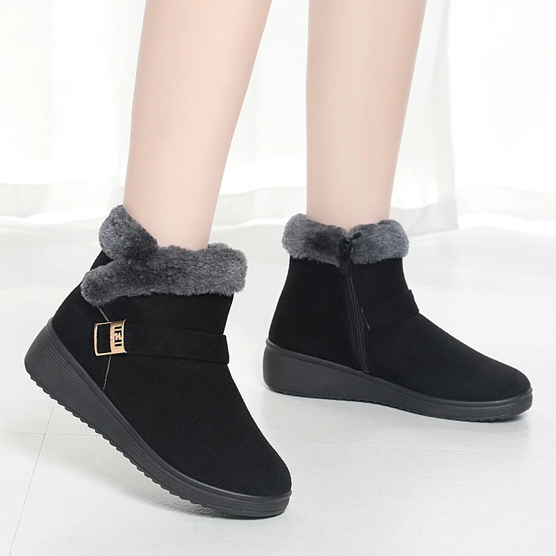 Womens Short Tube Boots with Metal Low Heel Round Toe Sleeve Non-slip and Warm 2024 New Winter Suede Casual Black Snow Boots