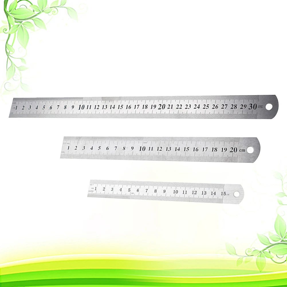 3 pcs Stainless Steel Rulers Double Scale Measure Precision Graduated Inches Centimeters School Office Storage Hole