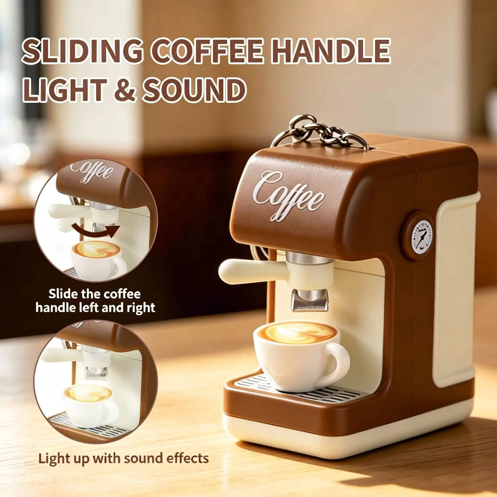 Cute Mini Coffee Machine Keychain Light & Sound Effect Slidable Coffee Handle Simulation Espresso Maker Pendant Bag Gift