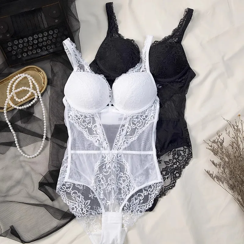 

Sexy Lingerie One Piece Bodysuit Women Push Up Bra Set Lace Women's Underwear Cross Straps Nightgown Transparent Sleepwear Sets