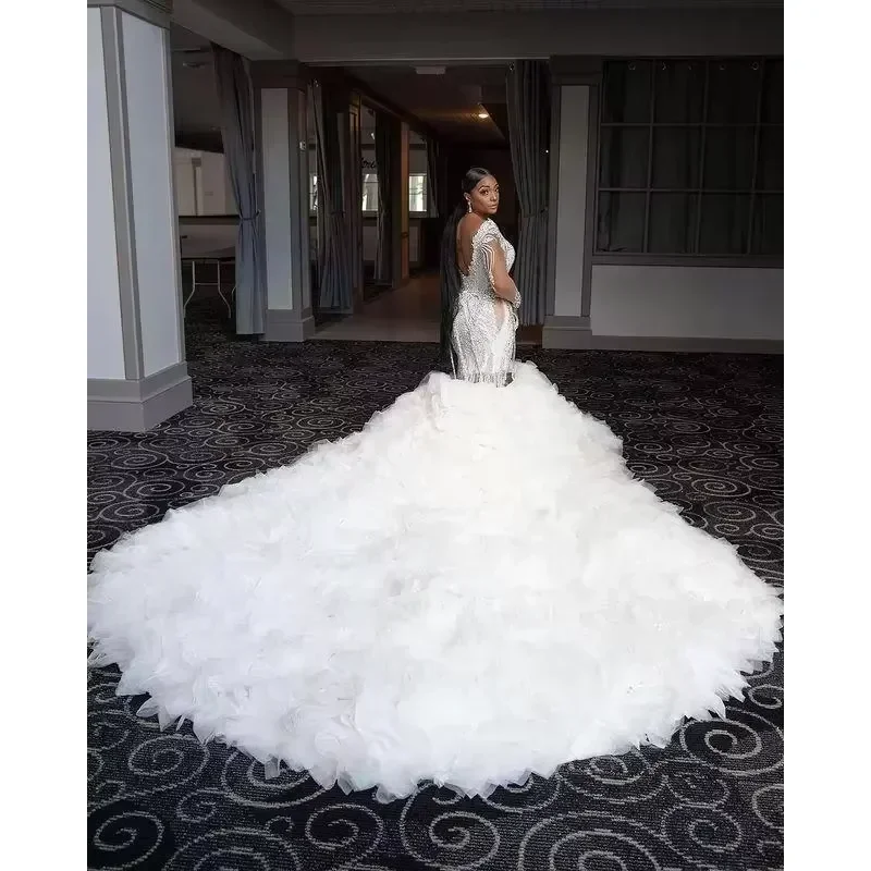 تخصيص زائد حجم حورية البحر فساتين الزفاف زي العرائس الدانتيل زين مطرز الخامس الرقبة طويلة الأكمام المتدرج التنانير الكشكشة Vestido