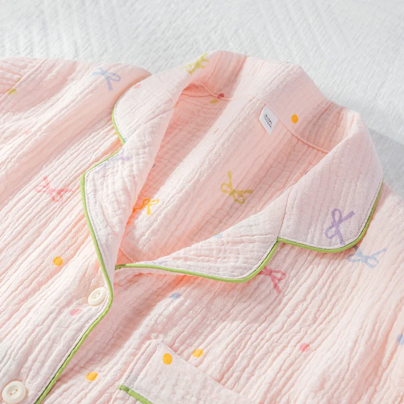 2025 New Spring/Summer Women's Pajama Set 100% Cotton Crepe Loose Cute Girl Long Sleeve Two Piece Home Clothes Sleepwear