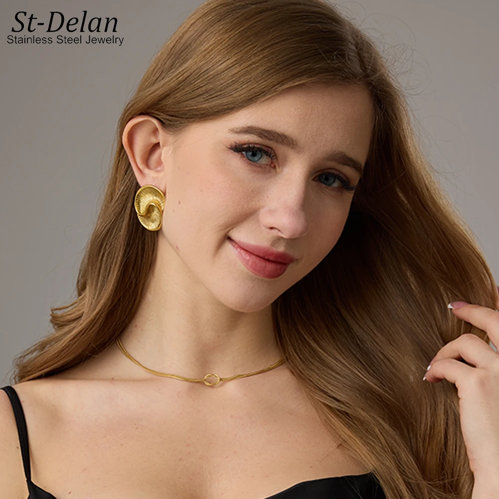 St-Delan New Stainless Steel Teardrop Textured Spiral Earrings Creative Gold Stud Earrings Women Shiny Trending Jewelry Gifts