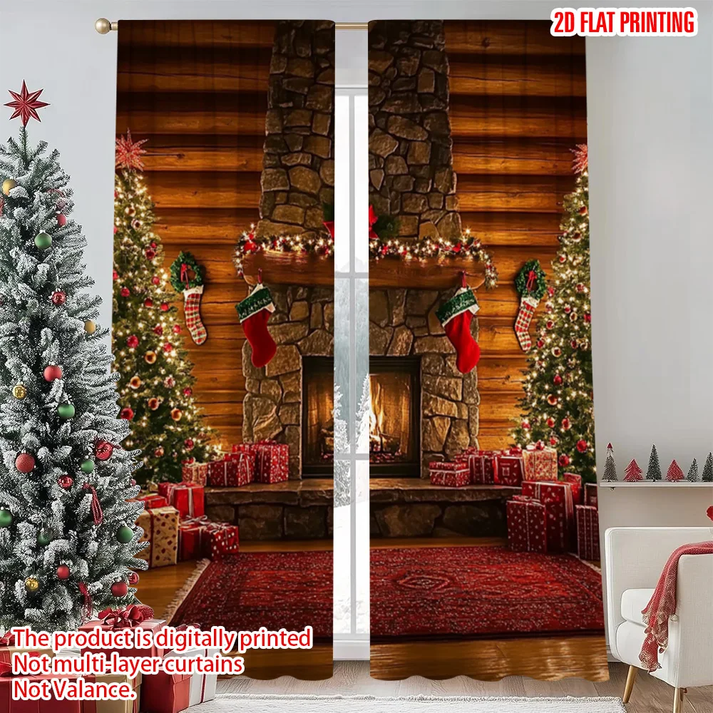

2pcs 2D flat printing Merry Christmas Scene Curtains Christmas fireplace Machine Washable Polyester Without Electricity Family