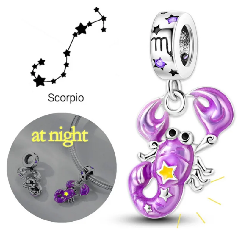 925 Silver Purple Series Scorpio Witches Demon Love Heart Fit Pandora Original Bracelet Charm Necklace Beads for Jewelry Making