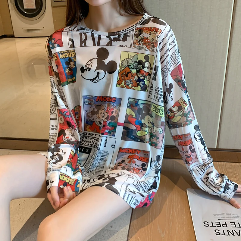 Summer Famous Anime Mickey Brand Mesh Shirt Women Sun Protection Transparent Long Sleeve Blouse Ladies T-shirts