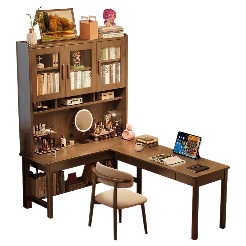 Solid wood corner desk bookshelf integrated, study table bedroom corner against the wall