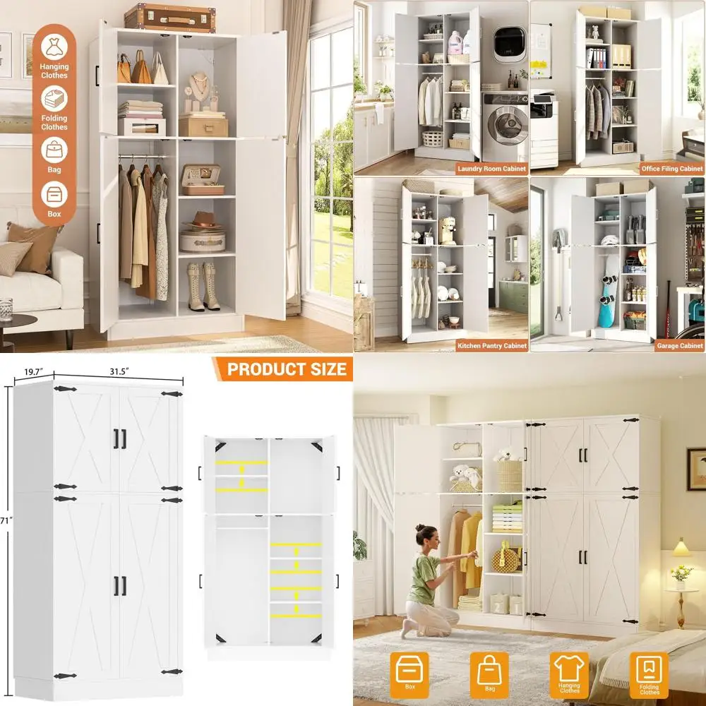 

71 Tall Freestanding Wardrobe with Hanging Rod and Adjustable Shelves, Ideal for Bedroom, Living Room, or Office, White
