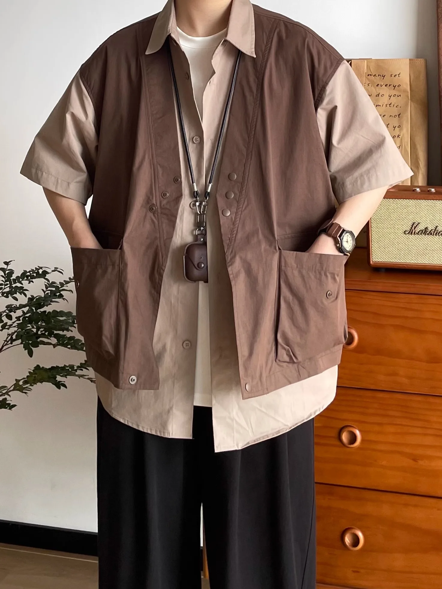 

Мужская свободная повседневная рубашка в японском ретро-стиле с коротким рукавом, в стиле пэчворк, рабочая одежда, модный бренд, универсальная куртка в гонконгском стиле