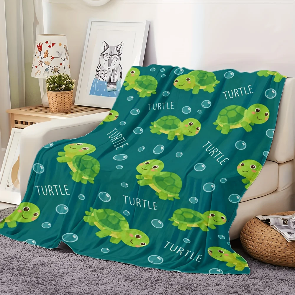 1pc Turtle Text Green Turtle Flannel Blanket, Cozy Soft Warm, All-Season Use, 280GSM Heavy, Machine Washable, for Bedroom, Sofa, Bedding, Office, Dorm, Car, Winter Throw, Ideal Gift Choice.