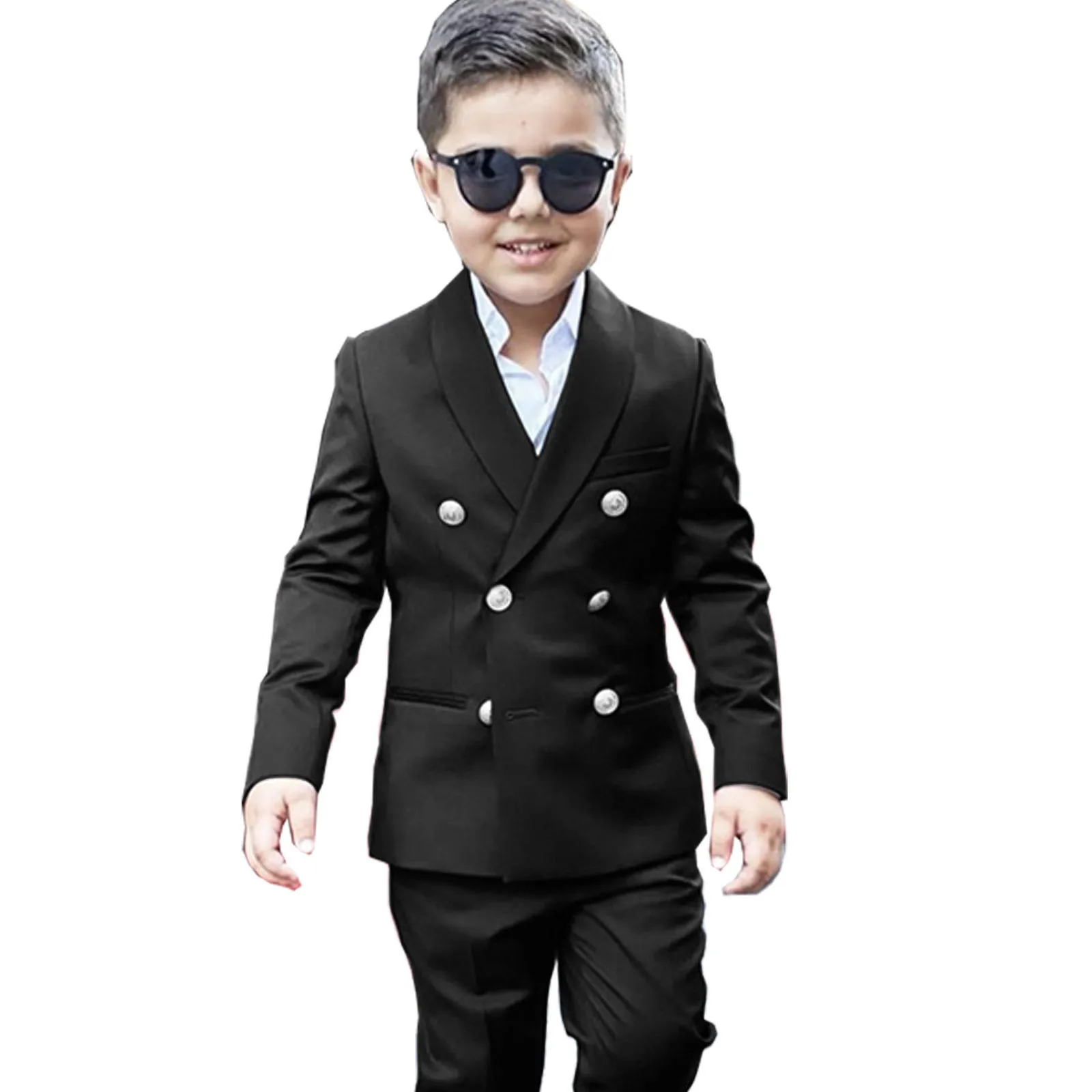 Handsome Black Boys Suit Double Breasted Blazer Set 2 Piece Kids Jacket Pants Wedding Tuxedo Gold Buttons Fashion Child Outfit