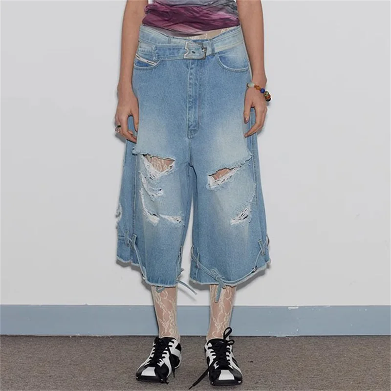 

Women's shorts New Summer 2024 Vintage Distressed Denim shorts Pure cotton Women's pants Blue shorts y2k Belt decoration Jeans