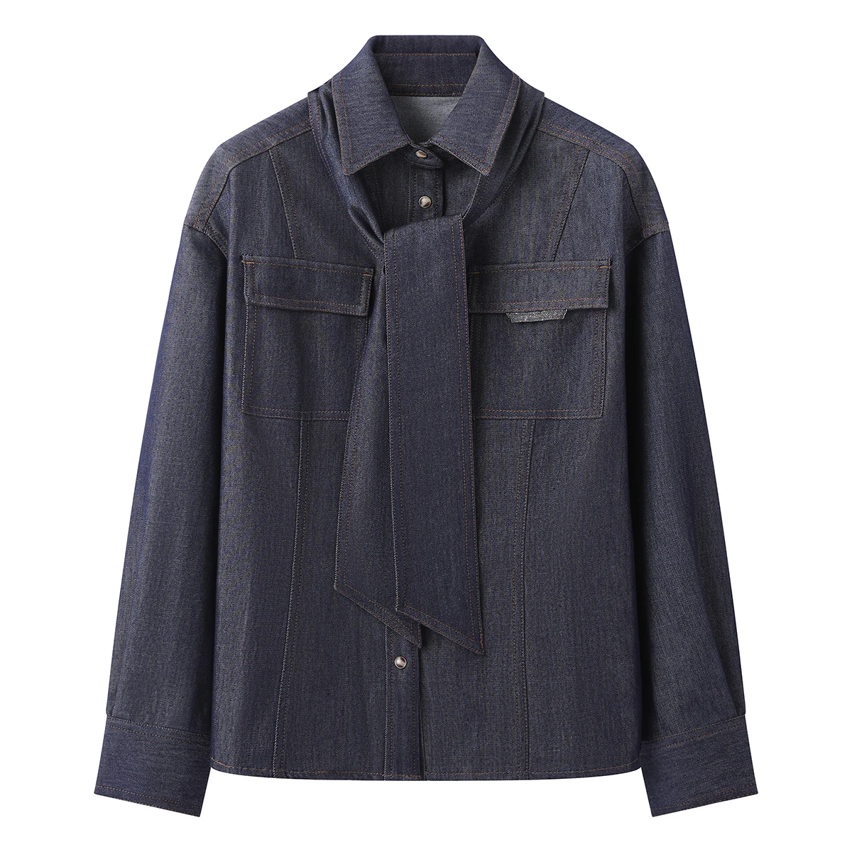 KW7523310 Women's Denim Jacket Long Sleeved Fall Multi-Pocket Design with Bow Detail Casual Fashion Outerwear